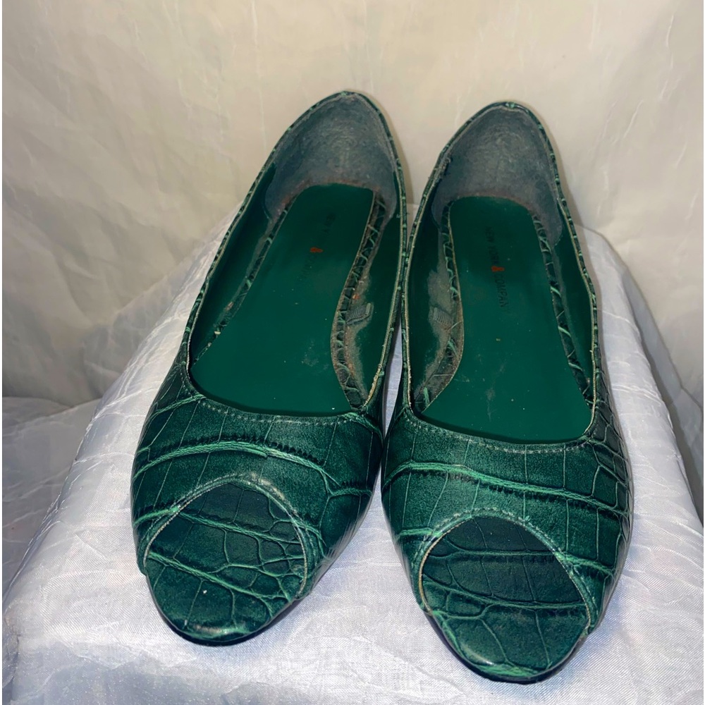 Green snakeskin open toe flats with matching watch
